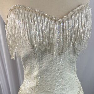 Size S//Vintage Lillie Rubin White Sequin Strapless Dress with Fringe